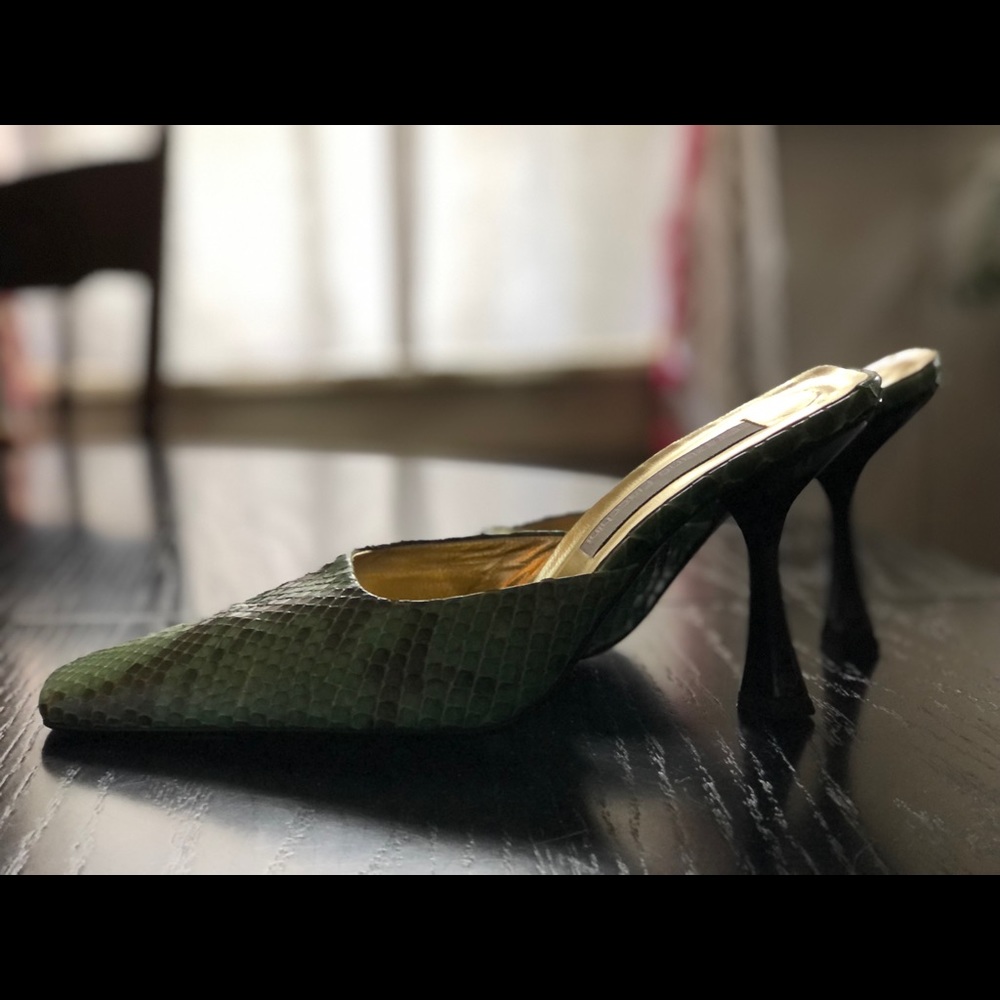 Stunning, sexy, Italian made and bought, green lizard mules.
